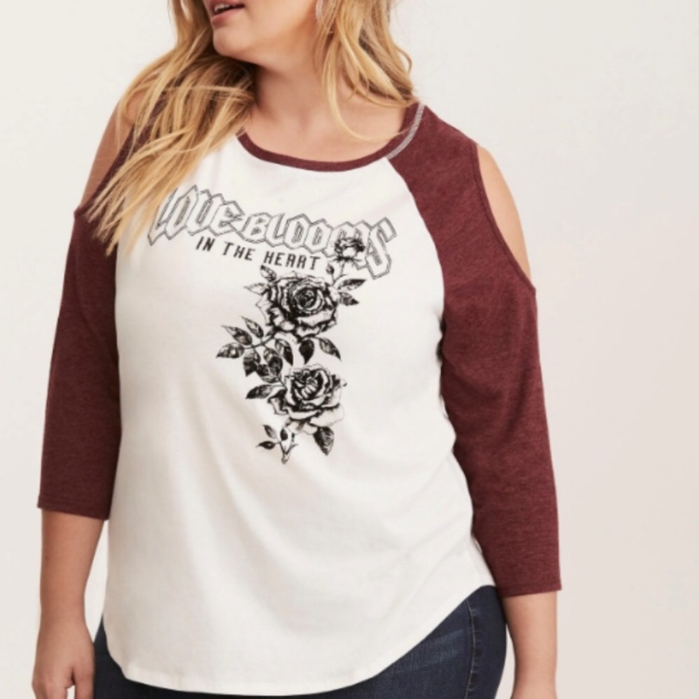 TORRID rose love blooms cold shoulder T